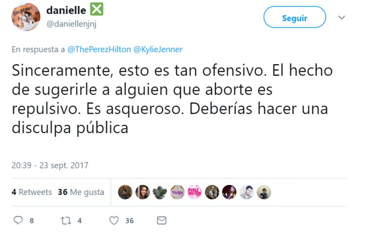 Comentario en twitter sobre el aborto de Kylie Jenner