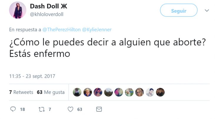 Comentario en twitter sobre el aborto de Kylie Jenner