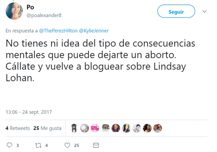 Comentario en twitter sobre el aborto de Kylie Jenner