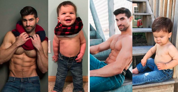 Esta mamá recrea las fotos de su hermano modelo con la ayuda de su hijo