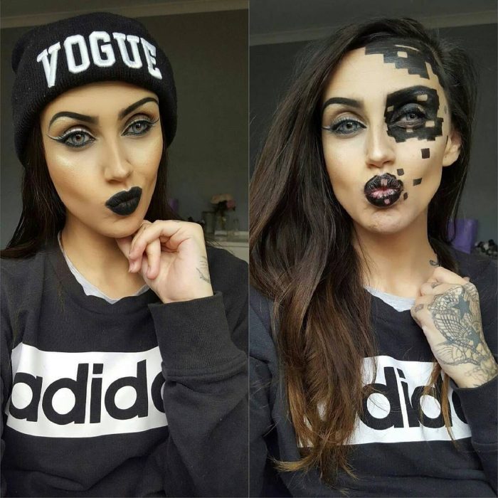 Chica con maquillaje de píxeles para halooween 