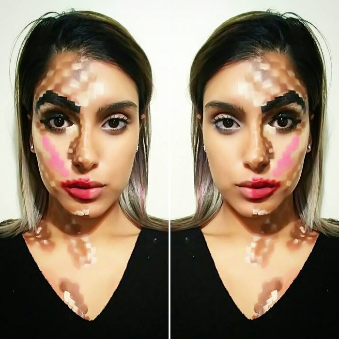 Chica con maquillaje de píxeles para halooween 