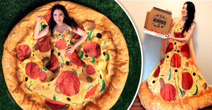 Mujer se convierte en en la reina de la pizza gracias a su vestido