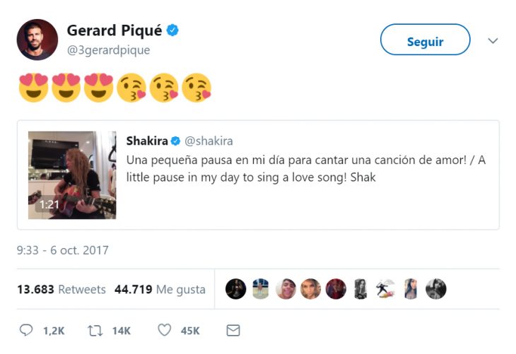 Publicación en twitter de piqué a shakira 