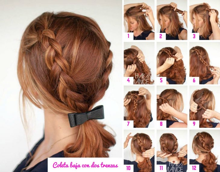 Peinado de cola de caballo baja con dos trenzas