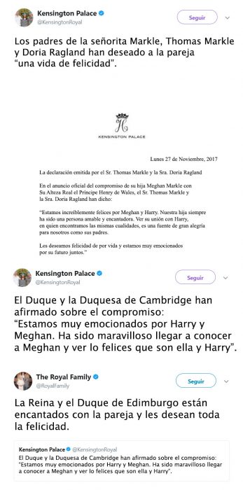 Tuit de felicitacion de compromiso de principe Harry y Meghan Markle