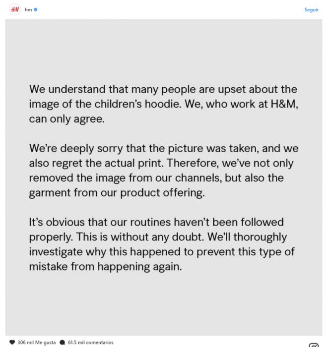Disculpas en instagram de H&M sobre una campaña racista