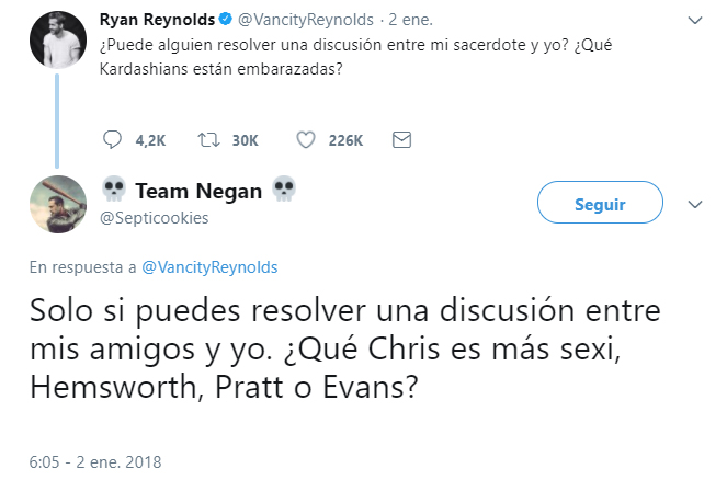 Comentarios en Twitter de Rayan Reynolds 
