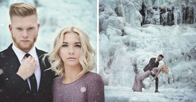 Se atreven a olvidarse del frío y eligen de escenario para fotos de compromiso unas cataratas congeladas