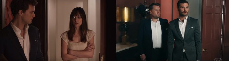 Escena de la película 50 Sombras de Grey vs la parodia que hizo James Corden en su programa 
