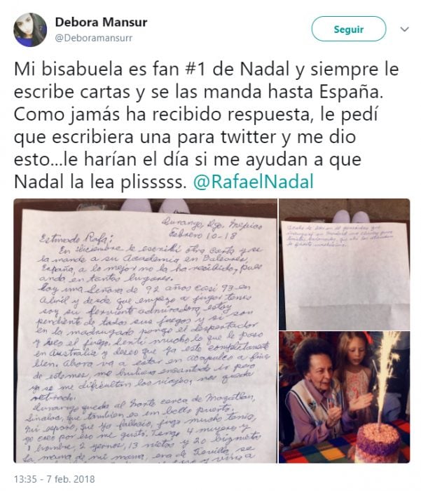 Abuelita recibió respuesta a su carta enviada al tenista Rafael Nadal 
