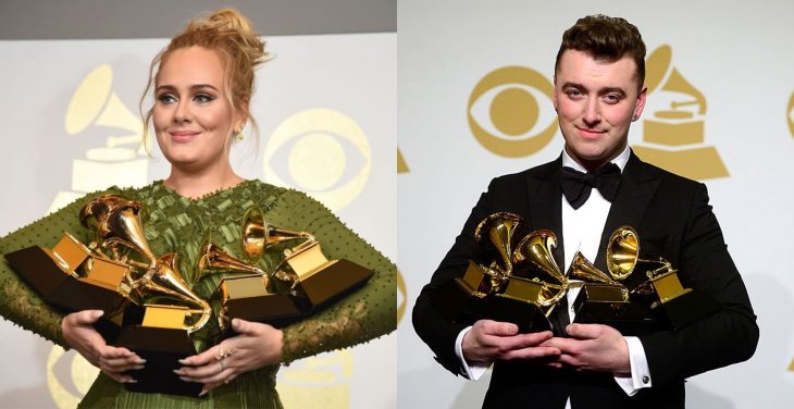 Adele y sam smith recibiendo grammys