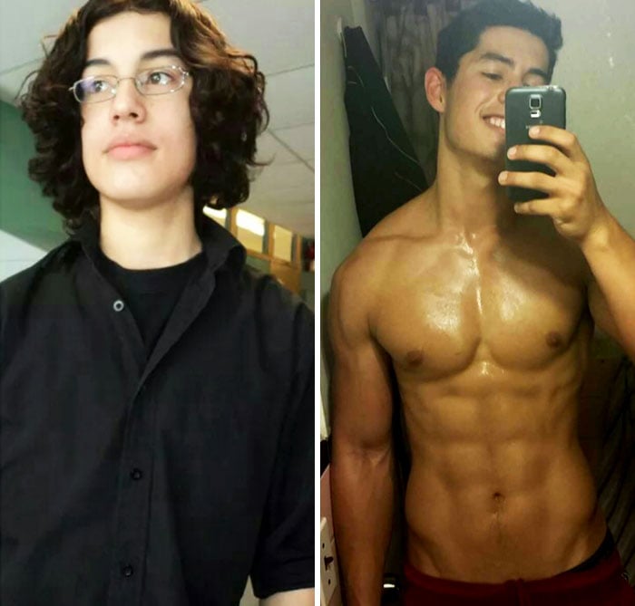Foto antes y después de un chico que tenía el cabello largo vs ahora que tiene abdominales 
