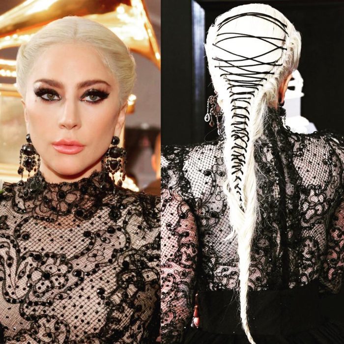 Lady gaga durante la entrega de premios grammy usando unas corset braides con aplicaciones en color negro 