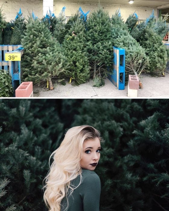 Chica posando en una sesión de fotos de una tienda de árboles 
