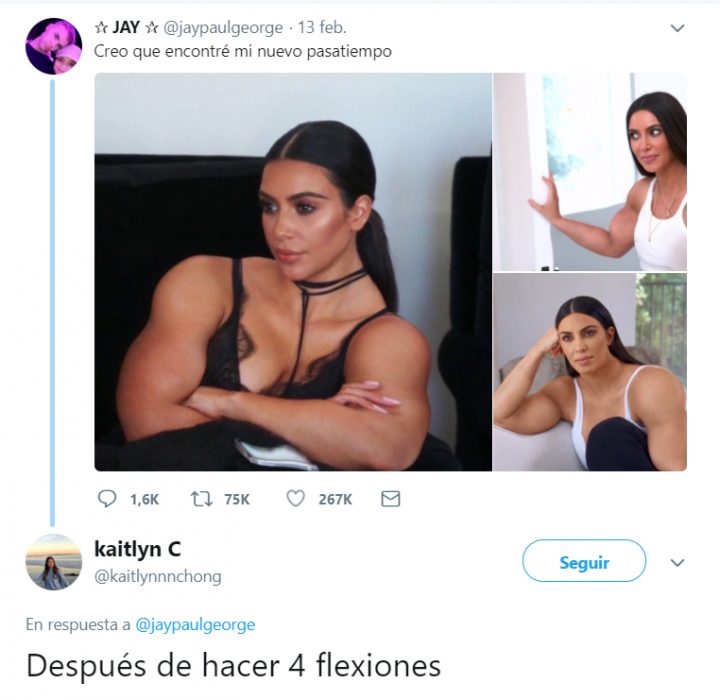 Memes de twitter sobre el rostro de kim kardashian con músculos grandes 