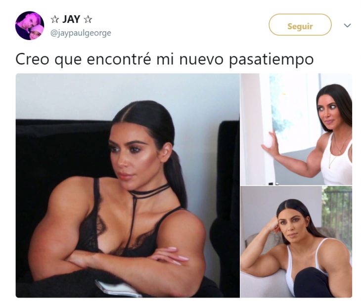 Memes de twitter sobre el rostro de kim kardashian con músculos grandes 