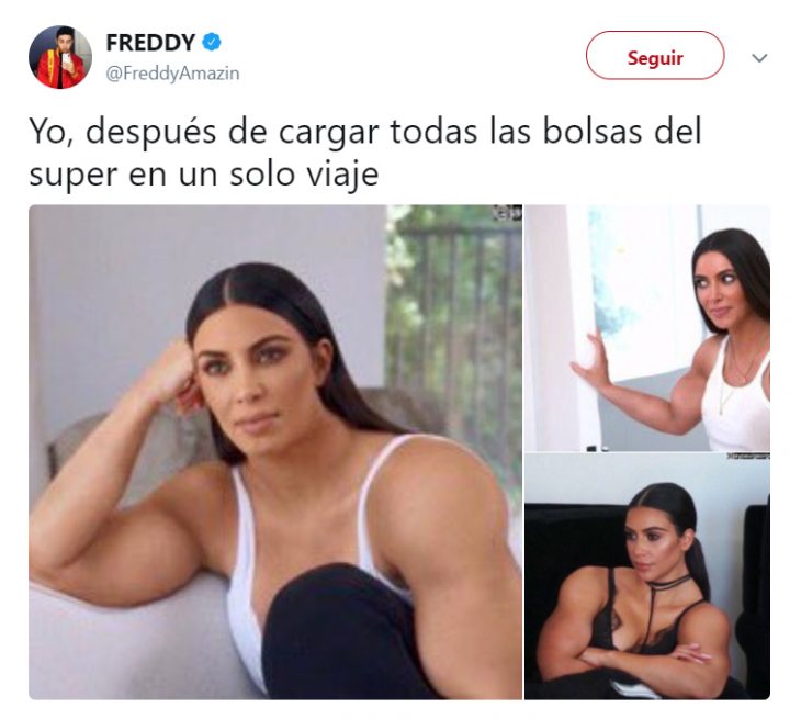 Memes de twitter sobre el rostro de kim kardashian con músculos grandes 