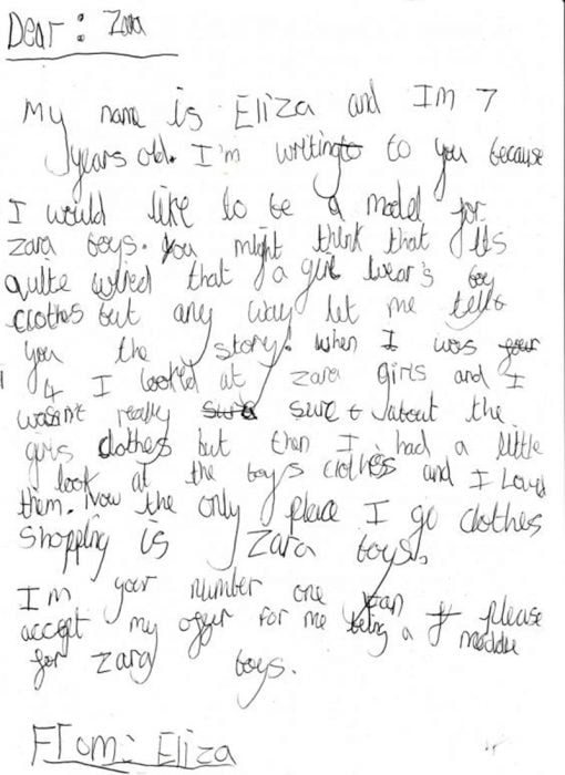 Carta que una niña envió a Zara porque quiere ser modelo de Zara Boys 