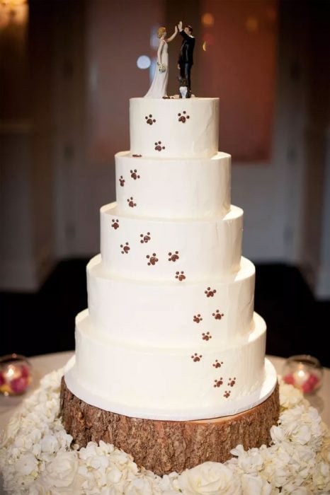 Pastel de bodas que tiene un perro como muñeco de pastel 