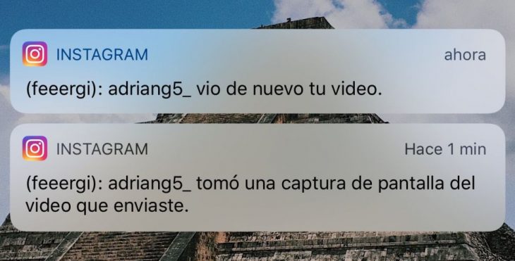 Notificacion de Instagram sobre un usuario que hizo captura de pantalla 