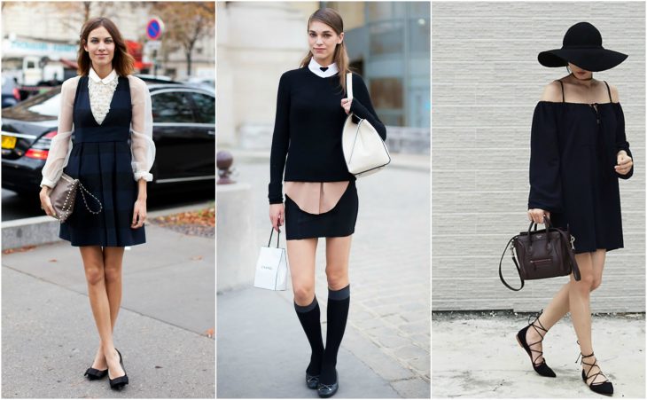 Chicas usando ballerinas negras lace up falda vestido street style