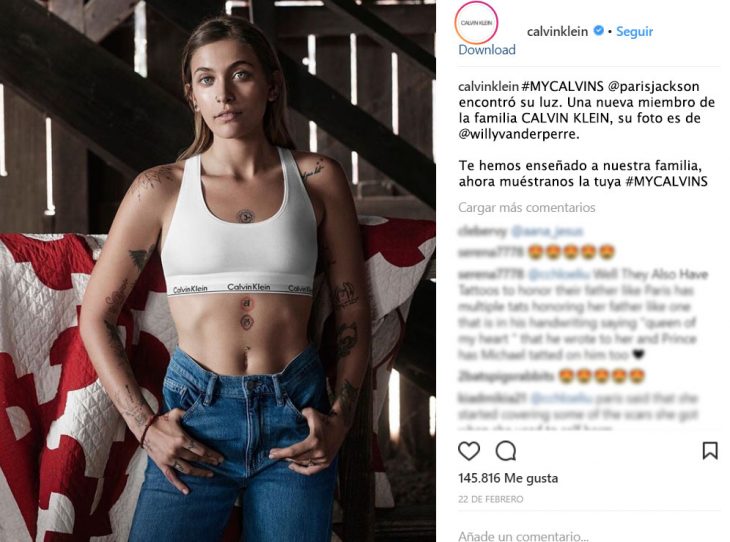 captura de pantalla de Instagram de Calvin Klein con foto original de Paris Jackson 