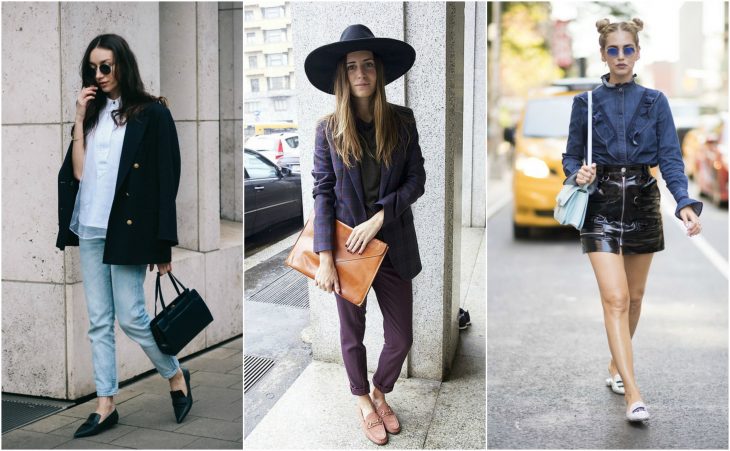 Loafers y slippers de color negro rosa y plata en chicas caucasicas street style moda chicas 