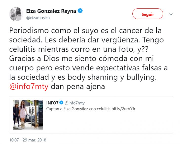 Comentarios en Twitter sobre las criticas que Eiza recibió 