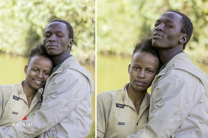 Pareja de personas sin hogar posando para una sesión de fotos 