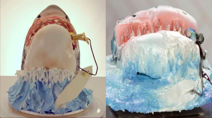 Espectativa vs realidad de un pastel mal hecho en forma de tiburón 