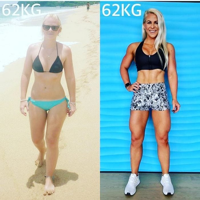 Mujer mostrando el cambio de su cuerpo sin haber perdido peso 