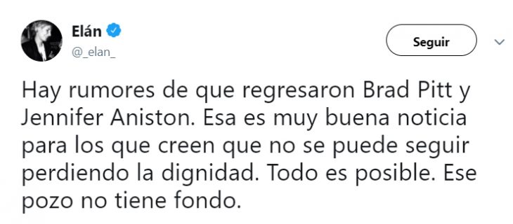 Comentario en twitter sobre el regreso de jenn y brad pitt