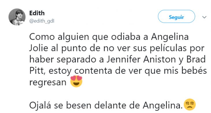 Comentario en twitter sobre el regreso de jenn y brad pitt