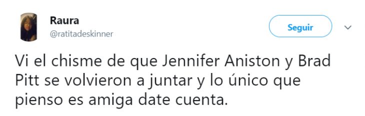 Comentario en twitter sobre el regreso de jenn y brad pitt