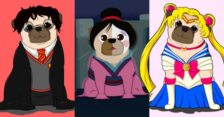 Tiernos pugs se caracterizan de las princesas de Disney y otros personajes