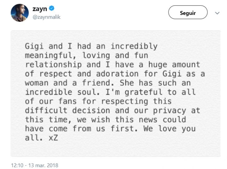 Comentarios en twitter sobre la separación de Gigi y Zayn Malik