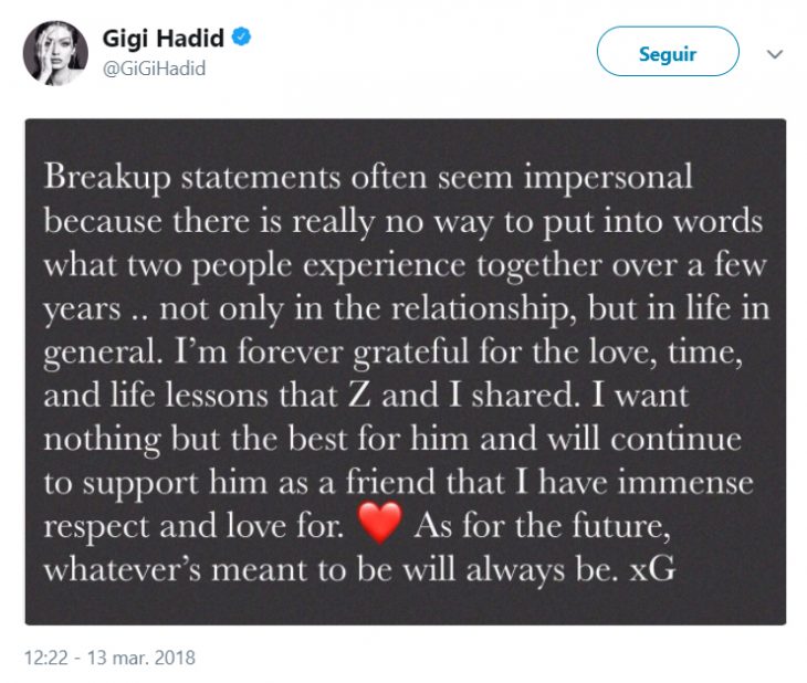 Comentarios en twitter sobre la separación de Gigi y Zayn Malik