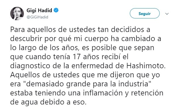 Comentarios en twiiter de Gigi Hadid por su cuerpo delgado 