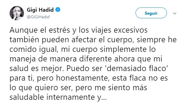 Comentarios en twiiter de Gigi Hadid por su cuerpo delgado 