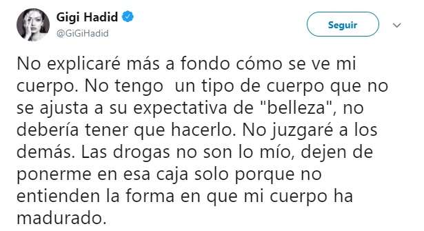 Comentarios en twiiter de Gigi Hadid por su cuerpo delgado 