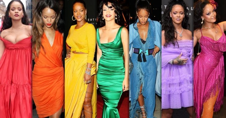 La escala cromática de los vestidos de Rihanna; parece que invento el arcoiris