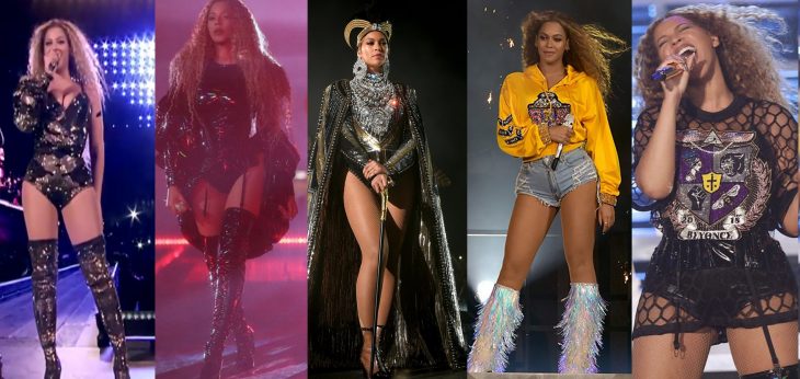 Beyoncé mujer morena cinco cambios de ropa botas shorts