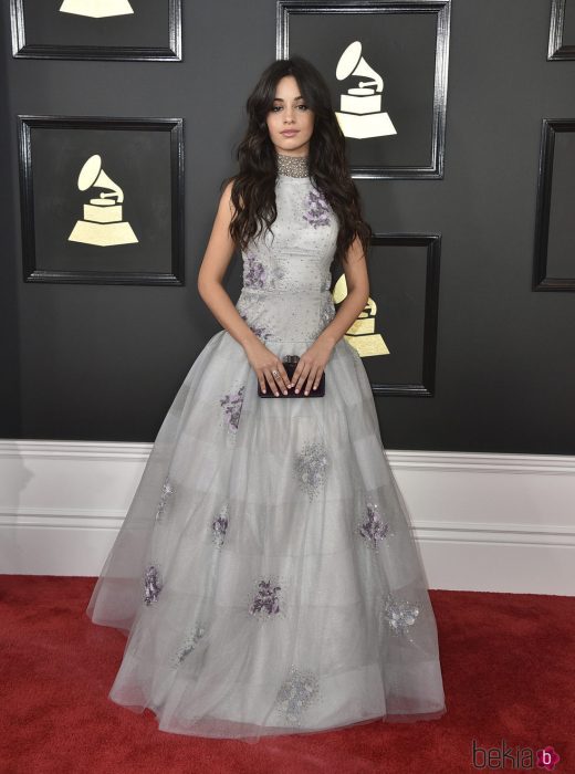 mujer con vestido largo gris alfombra roja 