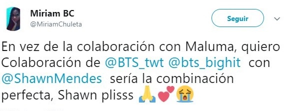 comentario en Twitter de BTS con Maluma