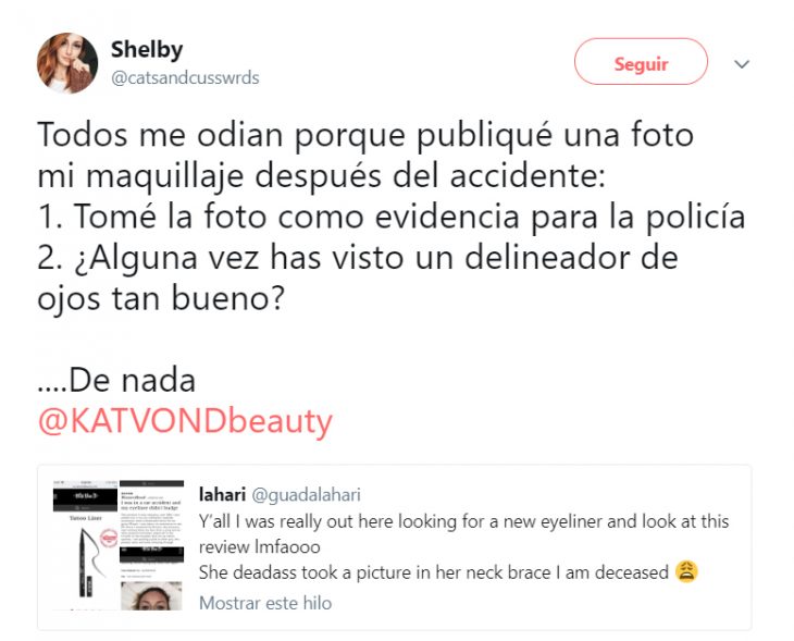 Comentario en Twitter de chica que sobrevivio en accidente con maquillaje intacto