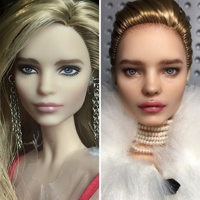 Muñeca antes y después de que les maquillen el rostro de una manera diferente 