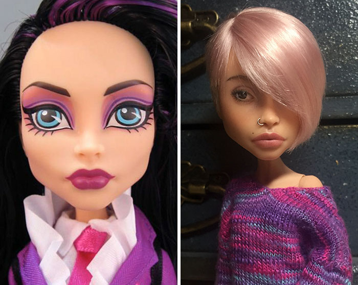 Muñeca antes y después de que les maquillen el rostro de una manera diferente 