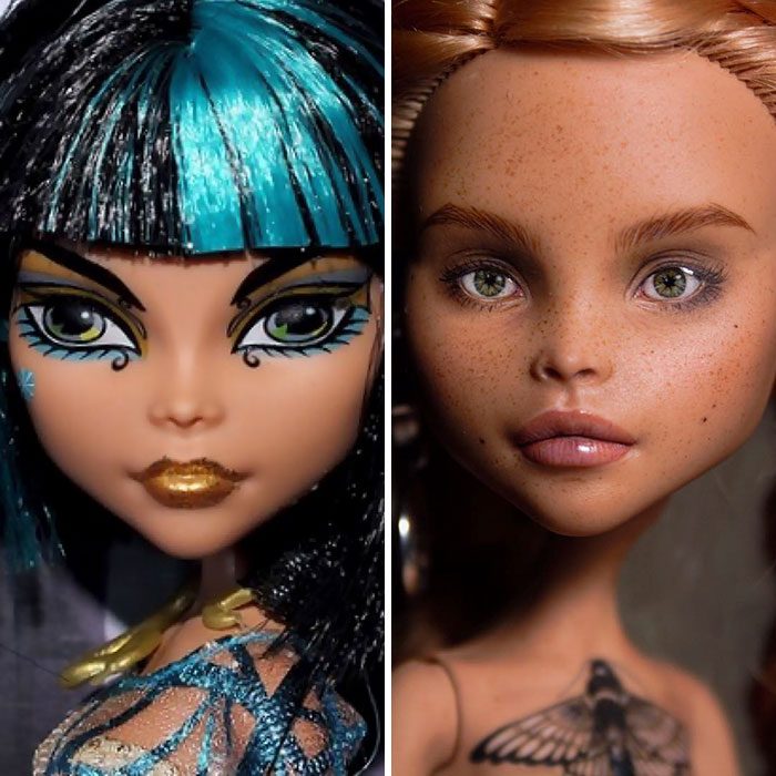 Muñeca antes y después de que les maquillen el rostro de una manera diferente 