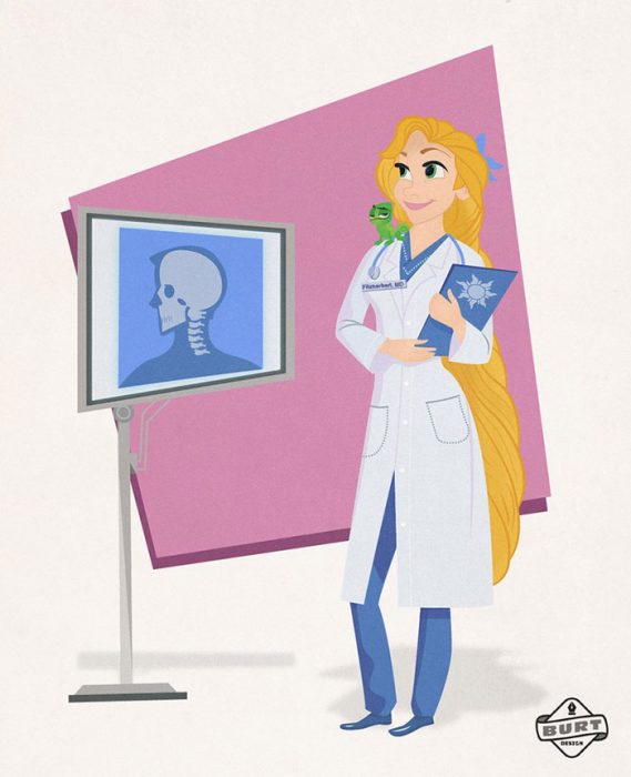 Ilustración de Rapuncel trabajando como doctora 